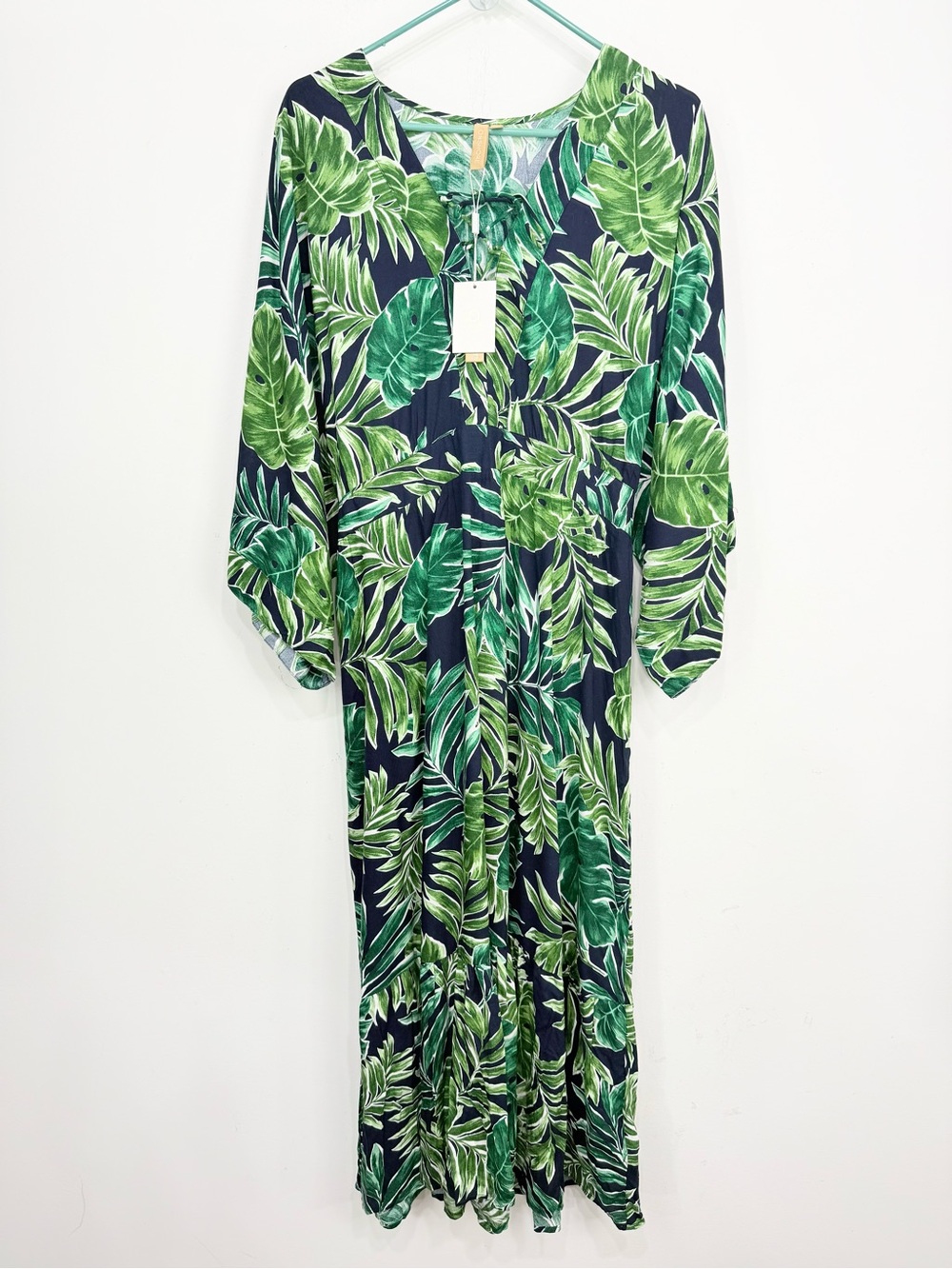 On Shore Green Tropical Leaf Print Cinch Waist Resort Wear Beach Maxi Dress NEW